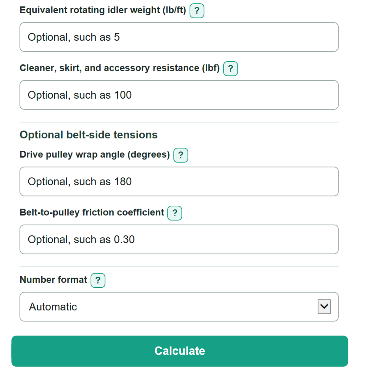 Example inputs for Conveyor Belt Motor Power Calculator
