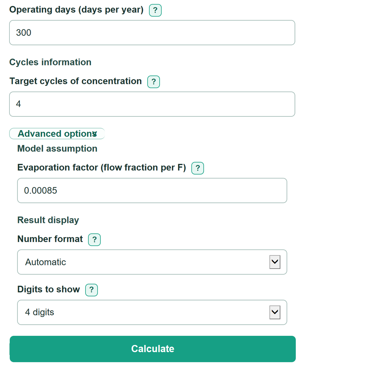 Example inputs for Cooling Tower Evaporation, Drift and Blowdown Calculator