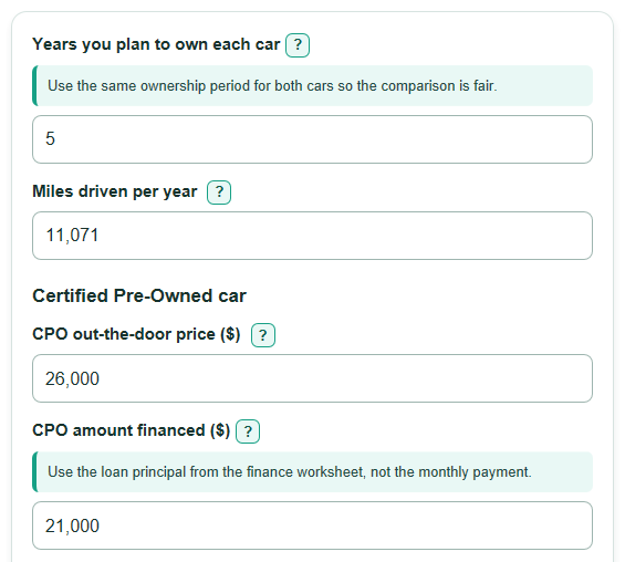 Example inputs for Certified Pre-Owned vs Used Car Lifetime Cost Calculator