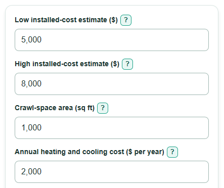 Example inputs for Crawl Space Encapsulation Cost Payback Calculator