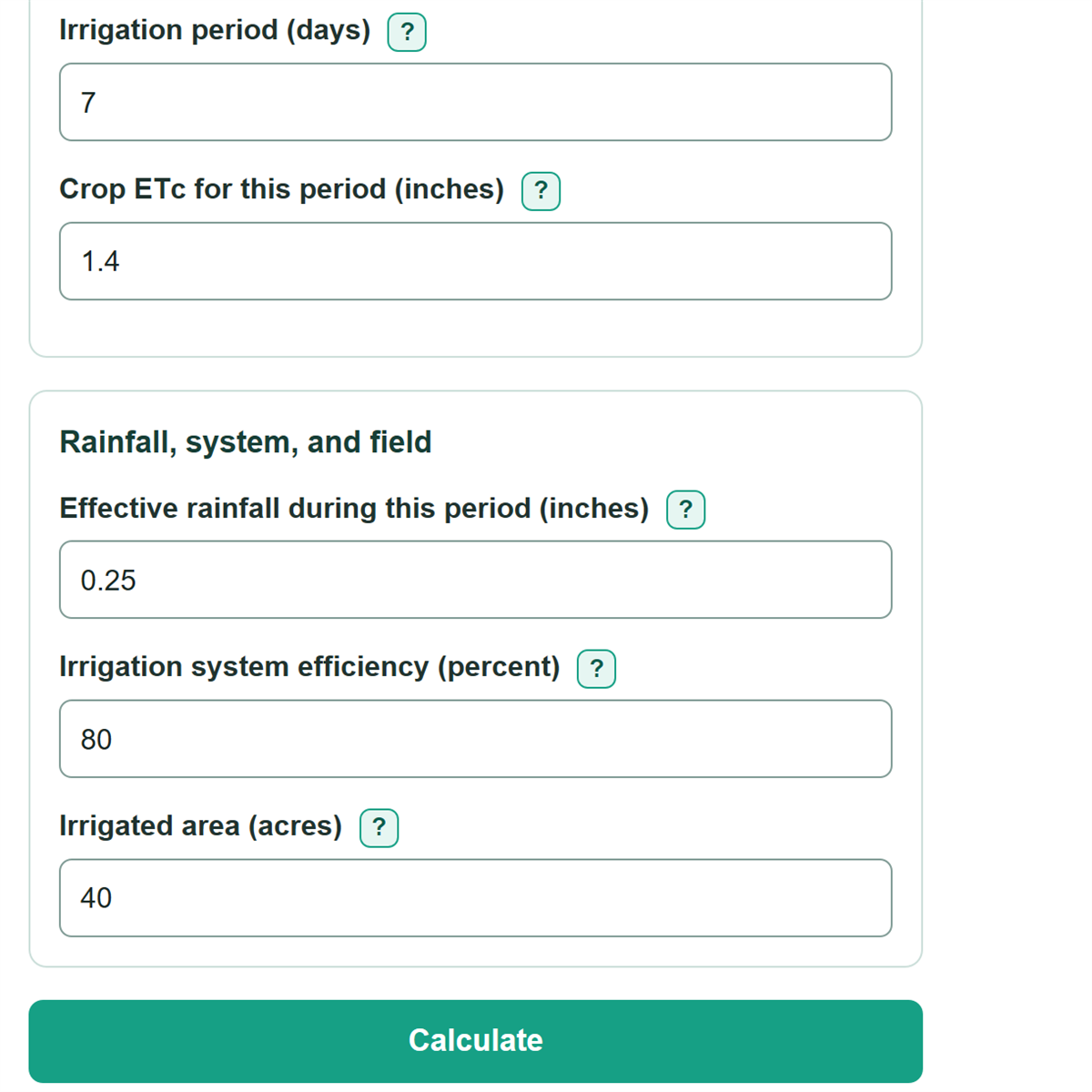 Example inputs for Crop Evapotranspiration and Irrigation Requirement Calculator