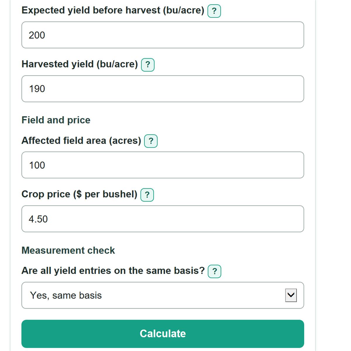 Example inputs for Crop Harvest Loss and Revenue Impact Calculator