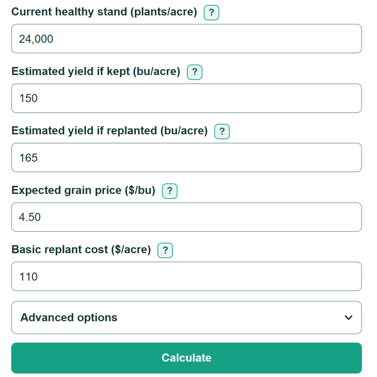 Example inputs for Crop Stand Loss, Replant Cost and Break-Even Yield Calculator