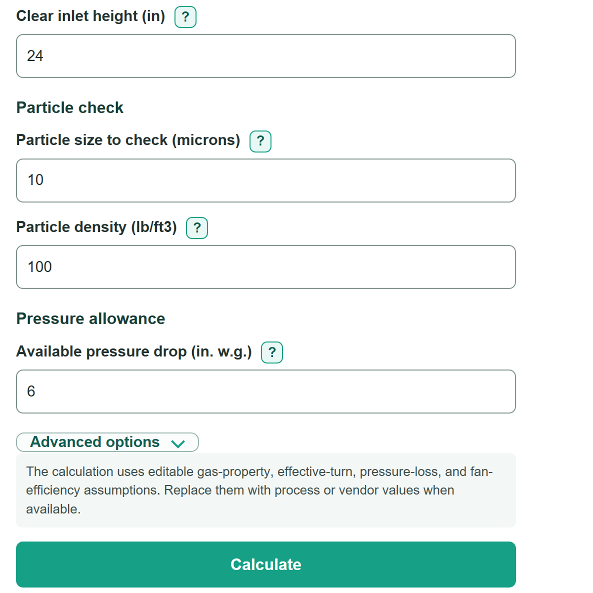 Example inputs for Cyclone Separator Cut Size Calculator