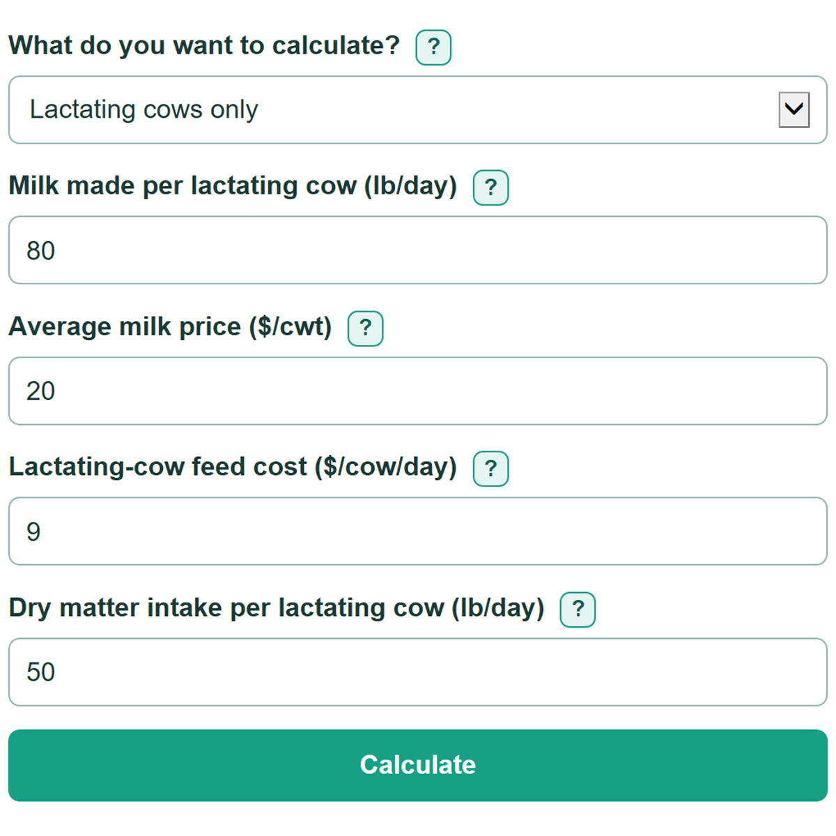 Example inputs for Dairy Income Over Feed Cost and Feed Efficiency Calculator