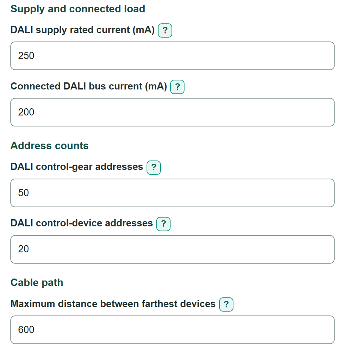 Example inputs for DALI Bus Capacity Calculator