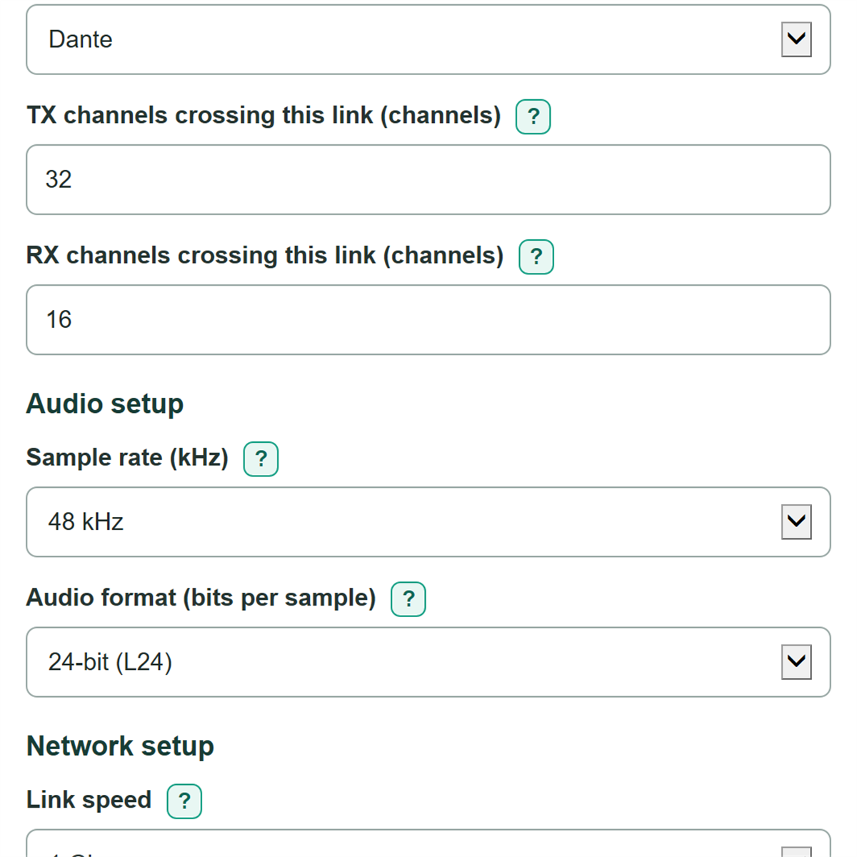 Example inputs for Dante and AES67 Audio Network Bandwidth Calculator