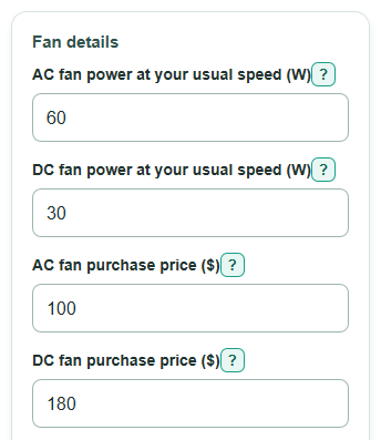 Example inputs for DC vs AC Ceiling Fan Lifetime Cost Calculator