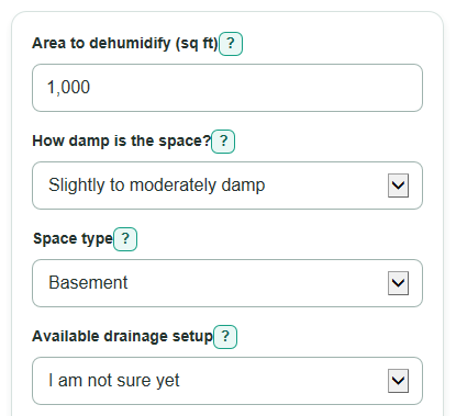 Example inputs for Dehumidifier Size Calculator