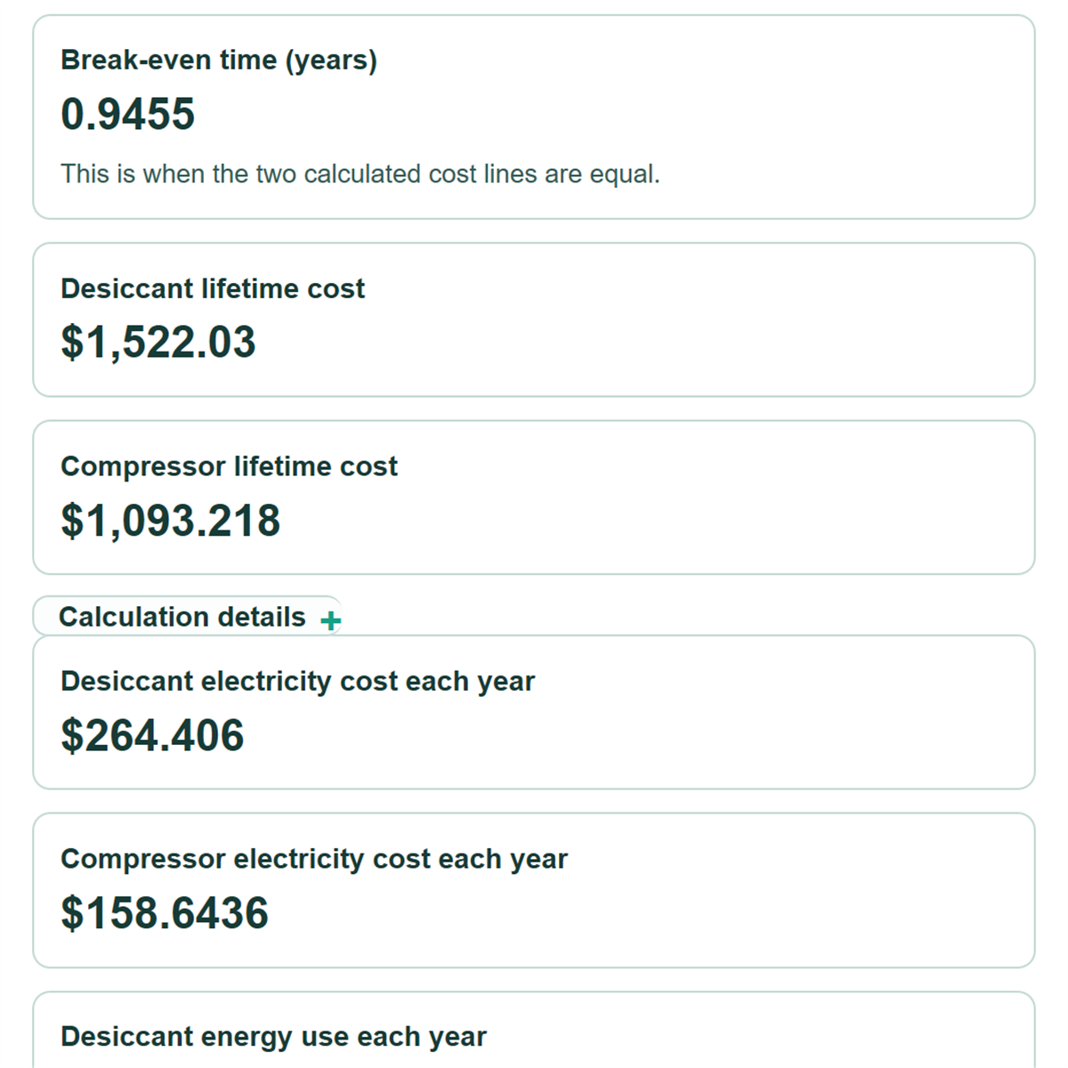 Example results from Desiccant vs Compressor Dehumidifier Lifetime Cost Calculator