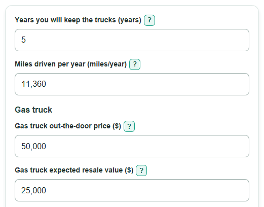 Example inputs for Diesel vs Gas Truck Lifetime Cost Calculator