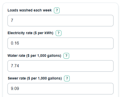 Example inputs for Dishwasher vs Hand Washing Cost Calculator