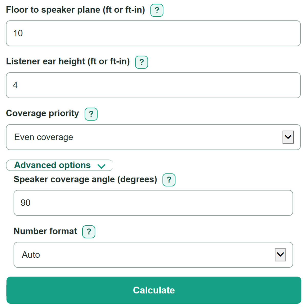 Example inputs for Distributed Ceiling Speaker Spacing and Quantity Calculator
