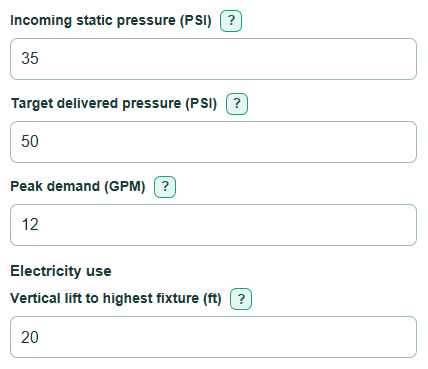 Example inputs for Domestic Water Booster Pump Size and Electricity Cost Calculator
