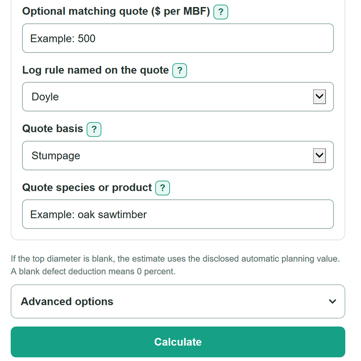 Example inputs for Doyle, Scribner, and International Timber Calculator