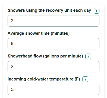 Example inputs for Drain Water Heat Recovery Savings Calculator