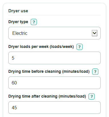 Example inputs for Dryer Vent Cleaning Energy Savings Calculator