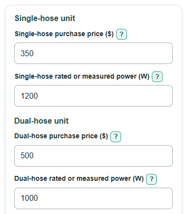 Example inputs for Dual-Hose vs Single-Hose Portable AC Lifetime Cost Calculator