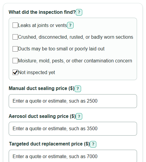 Example inputs for Duct Sealing vs Duct Replacement Cost Calculator