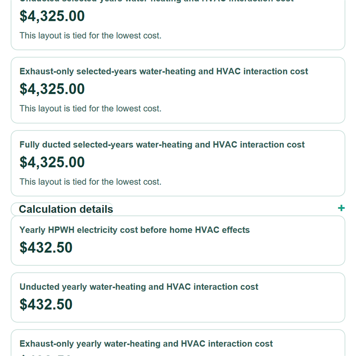 Example results from Ducted vs Unducted Heat Pump Water Heater Cost Calculator