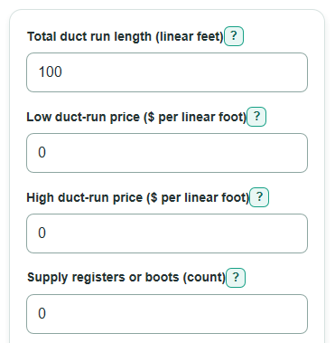 Example inputs for Ductwork Installation Cost per Linear Foot Calculator