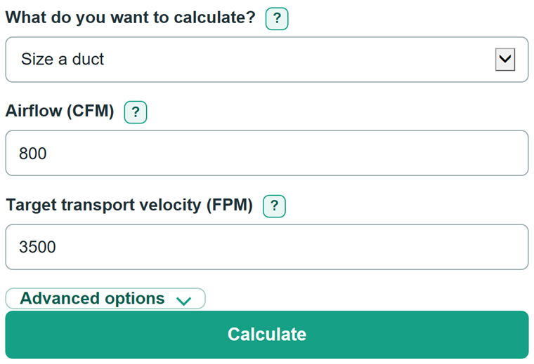 Example inputs for Dust Collector Duct Size and Fan Power Calculator
