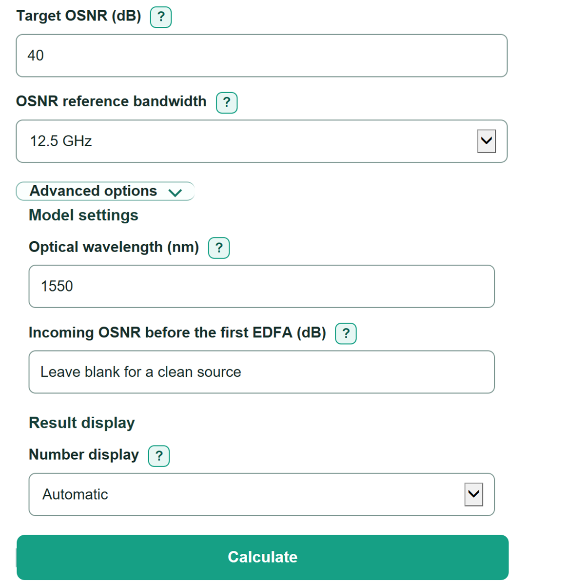 Example inputs for DWDM EDFA Cascade OSNR and Amplifier Spacing Calculator