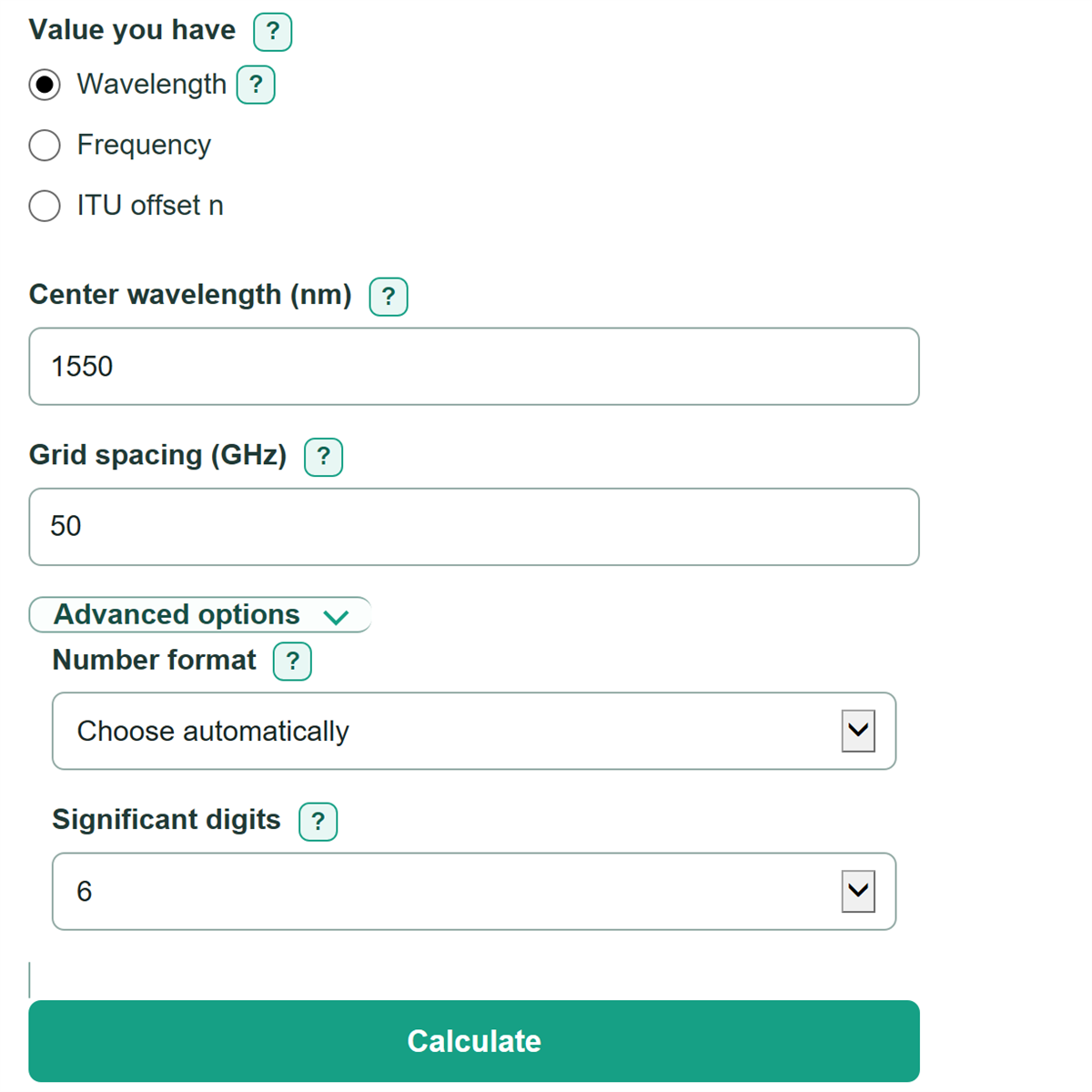 Example inputs for DWDM Wavelength, Frequency and Channel Spacing Calculator