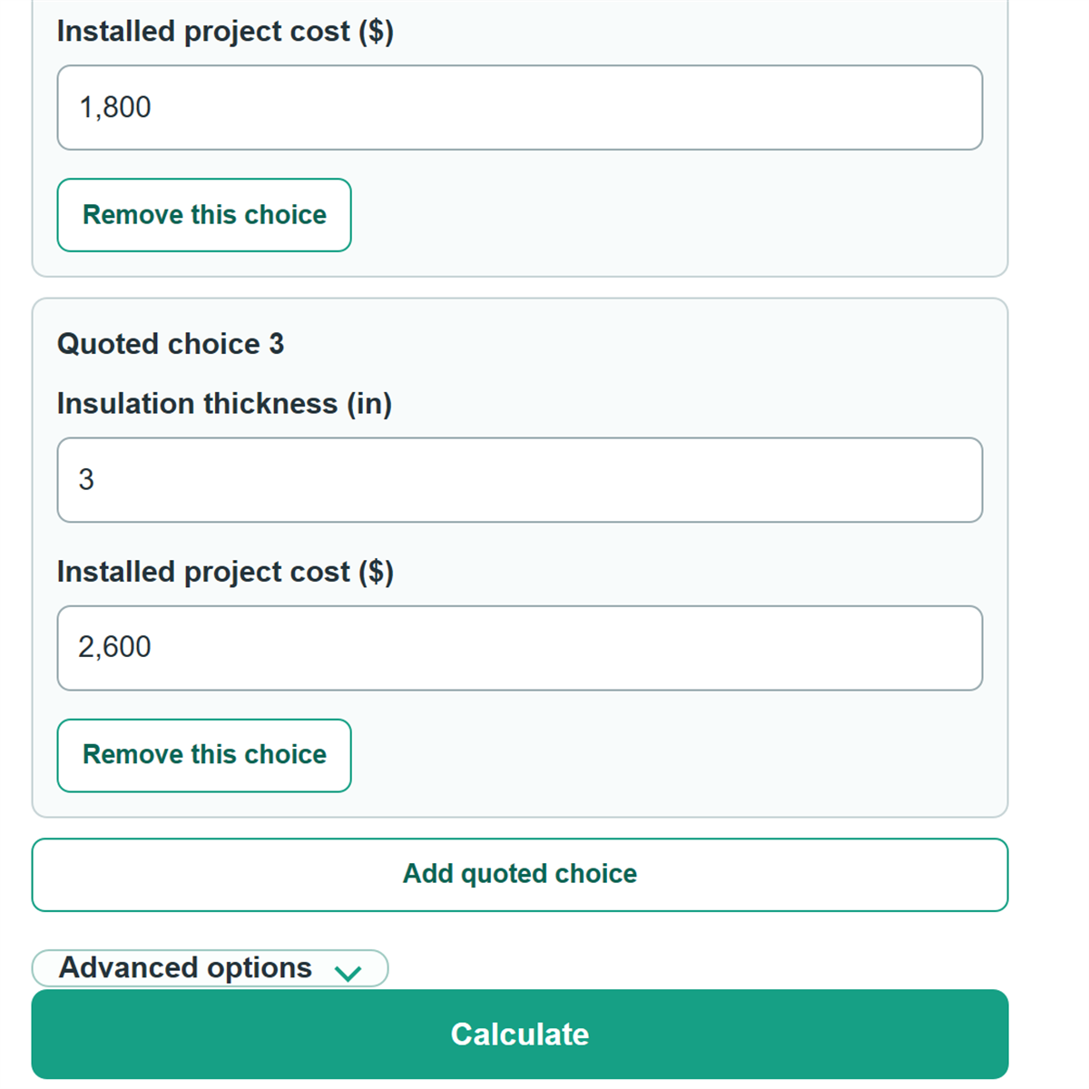 Example inputs for Economic Pipe Insulation Thickness and Payback Calculator