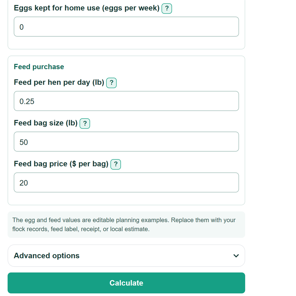 Example inputs for Egg Production and Break-Even Egg Price Calculator