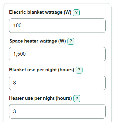 Example inputs for Electric Blanket vs Space Heater Cost Calculator