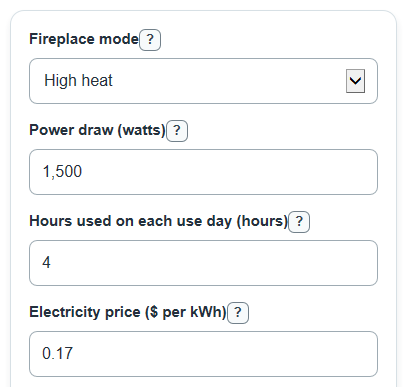 Example inputs for Electric Fireplace Running Cost Calculator