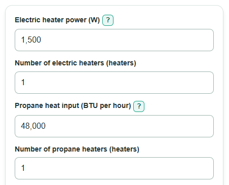 Example inputs for Electric vs Propane Patio Heater Lifetime Cost Calculator