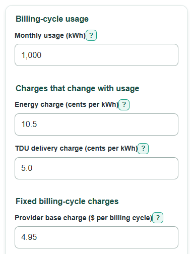 Example inputs for Electricity Bill Credit Plan Cost Calculator