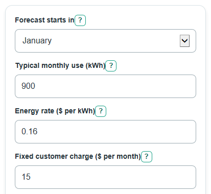 Example inputs for Electricity Bill Forecast Calculator