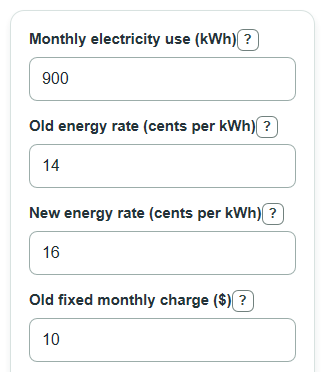 Example inputs for Electricity Bill Increase Calculator