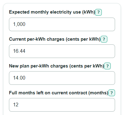 Example inputs for Electricity Contract Exit Fee Break-Even Calculator