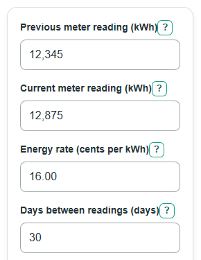 Example inputs for Electricity Usage from Meter Readings Calculator