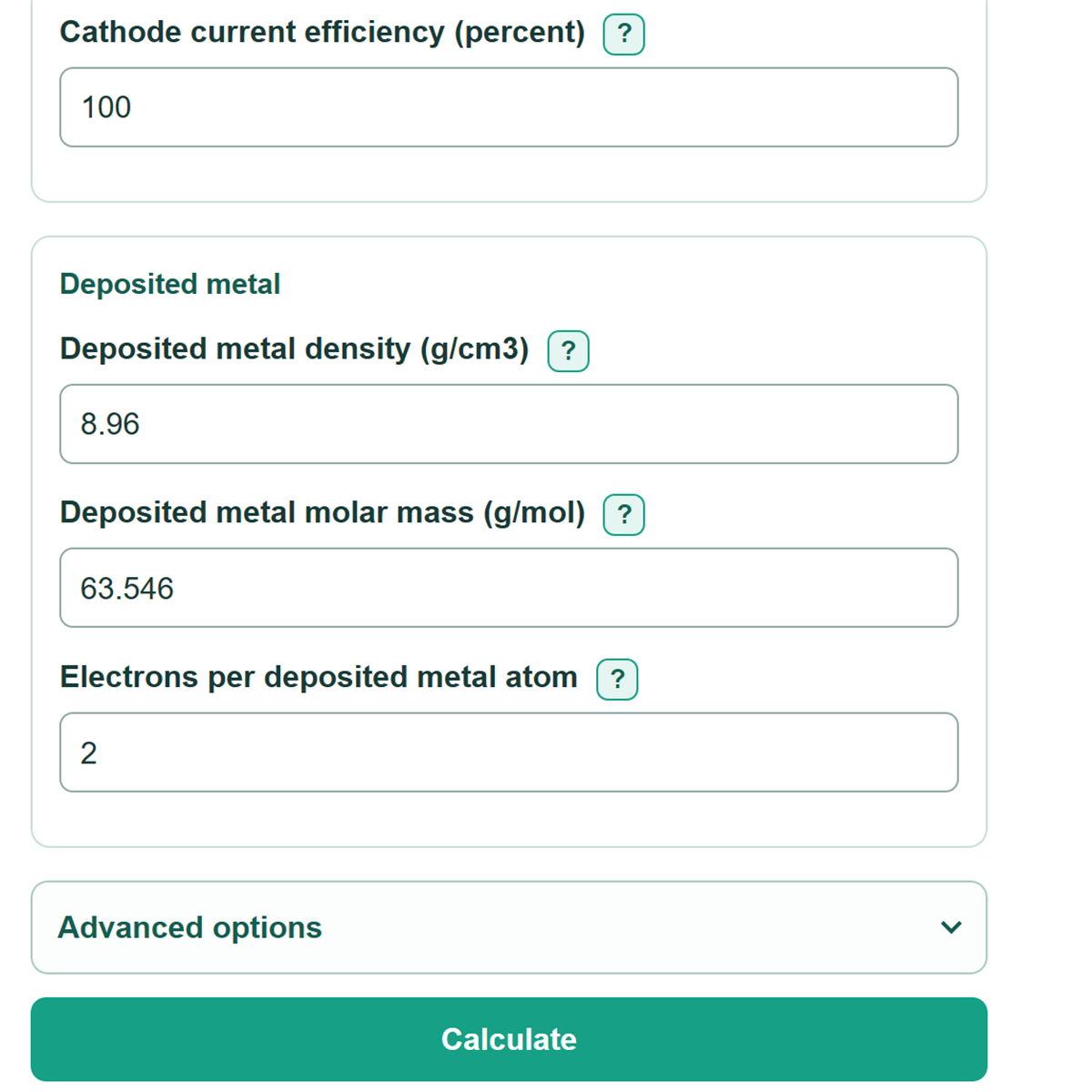 Example inputs for Electroplating Thickness, Area, Current and Time Calculator