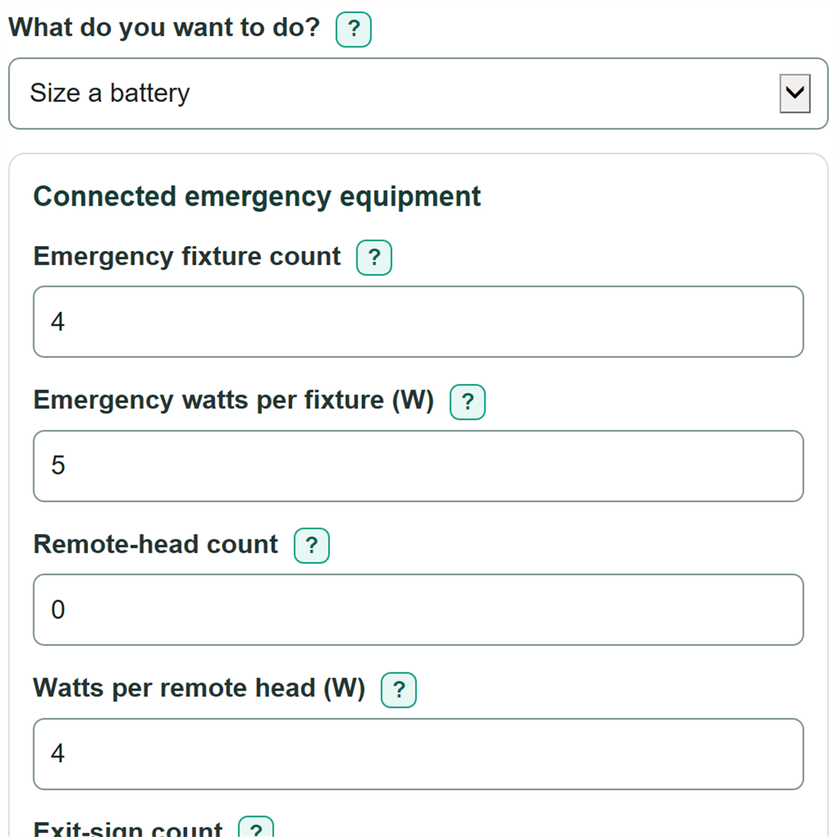 Example inputs for Emergency Lighting Battery Capacity and Runtime Calculator