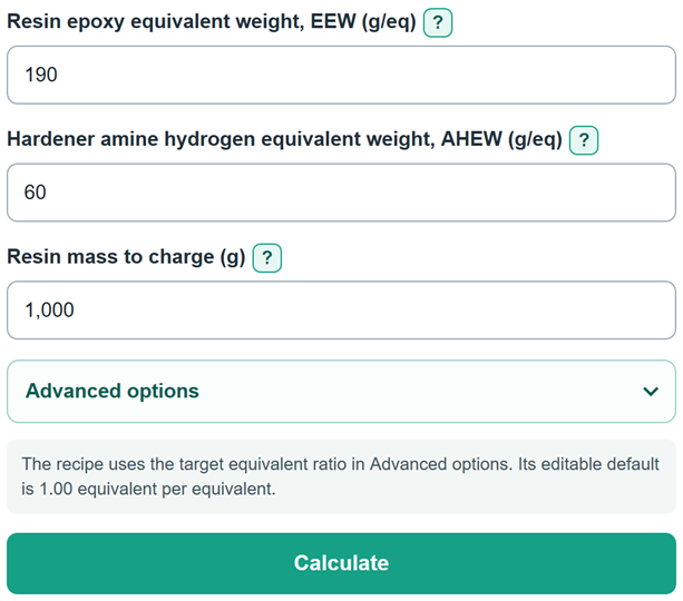 Example inputs for Epoxy EEW, Amine Ratio, Batch and Cost Calculator