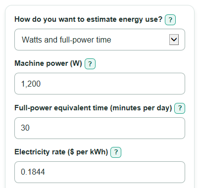 Example inputs for Espresso Machine Electricity Cost Calculator