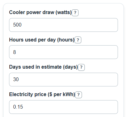 Example inputs for Evaporative Cooler Running Cost Calculator