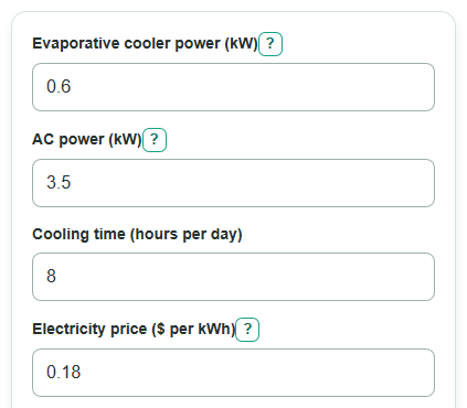Example inputs for Evaporative Cooler vs AC Cost Calculator