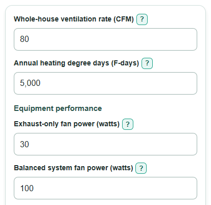 Example inputs for Exhaust-Only vs Balanced Ventilation Lifetime Cost Calculator