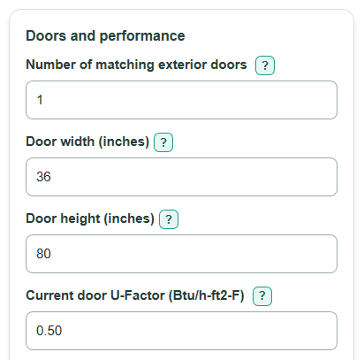 Example inputs for Exterior Door Replacement Energy Savings and Payback Calculator