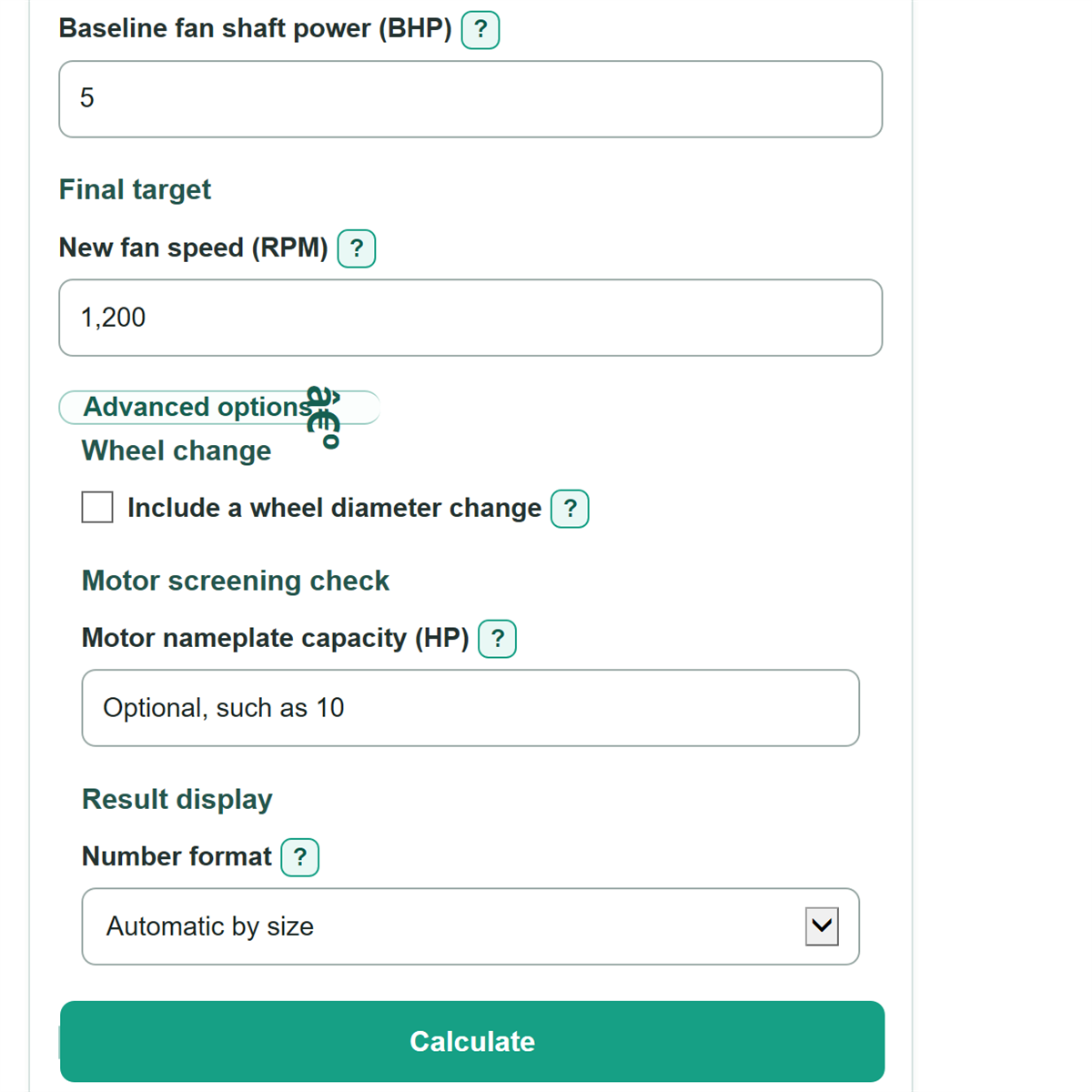 Example inputs for Fan Affinity Laws Calculator