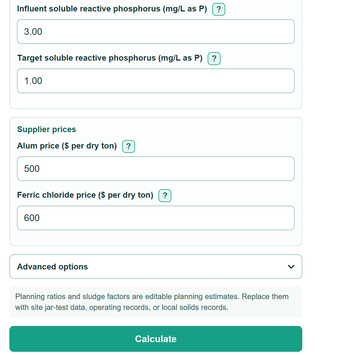 Example inputs for Ferric and Alum Phosphorus Removal Calculator