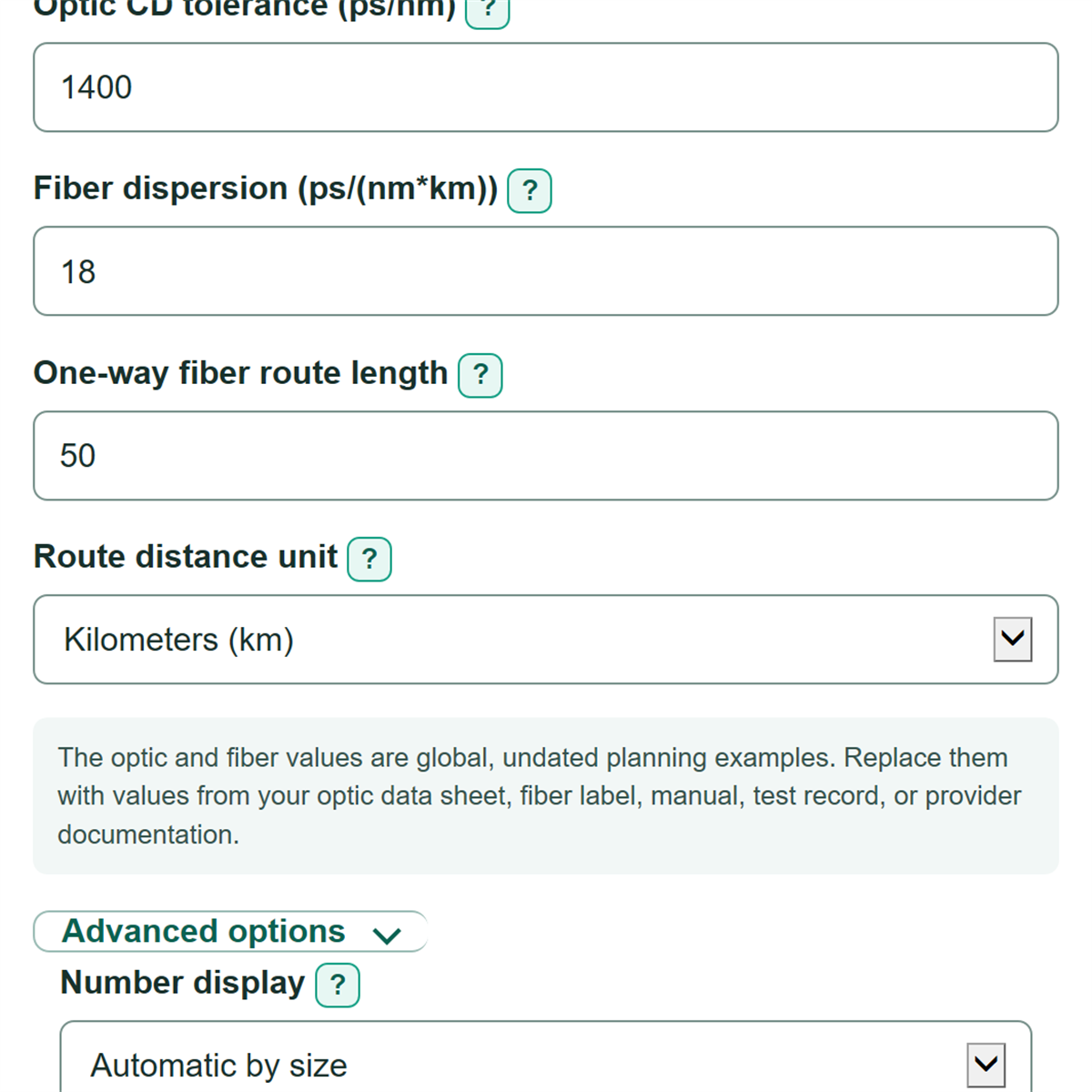 Example inputs for Fiber Chromatic Dispersion and Maximum Reach Calculator