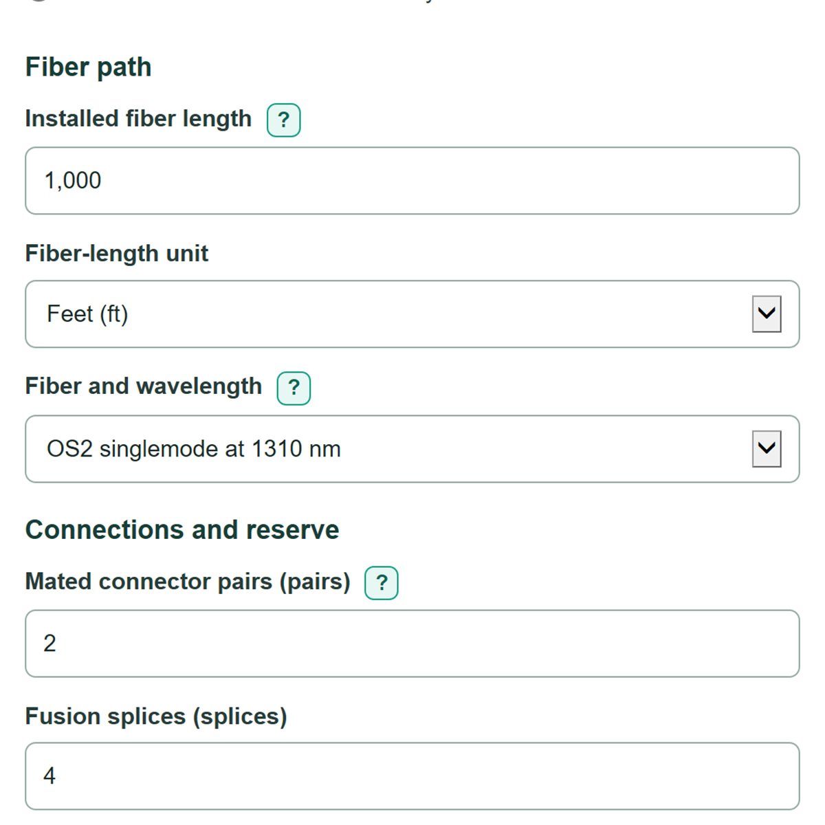 Example inputs for Fiber-Optic Link Budget and Loss Calculator